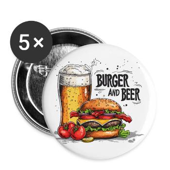 Burger And Beer Essen Alkohol Lustige Sprüche - Buttons groß 56 mm (5er Pack) - Weiß - Vorne