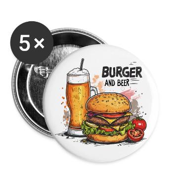 Burger And Beer Essen Alkohol Lustige Sprüche - Buttons groß 56 mm (5er Pack) - Weiß - Vorne