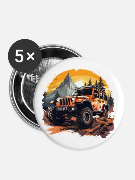 Orangefarbener Geländewagen kriecht im Wald - Buttons groß 56 mm (5er Pack) - Weiß