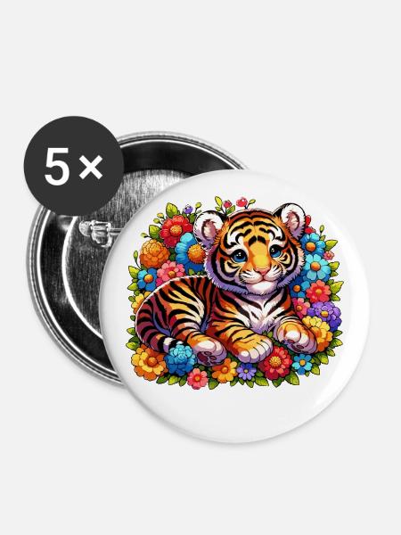 Tiger im Blumenbeet - Buttons groß 56 mm (5er Pack) - Weiß