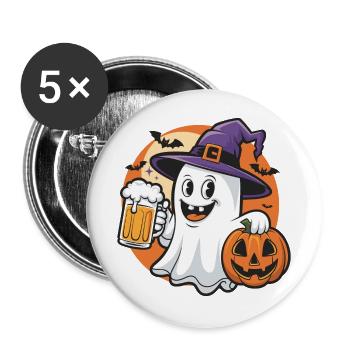 Halloween Geist mit Bier und Kürbis - Buttons groß 56 mm (5er Pack) - Weiß - Vorne