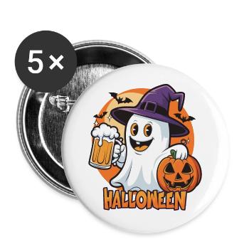 Halloween Geist mit Bier und Kürbis - Buttons groß 56 mm (5er Pack) - Weiß - Vorne