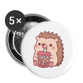 Cute Hedgehog Drinking Boba Tea - Buttons large 2.2''/56 mm (5-pack) - white - Front