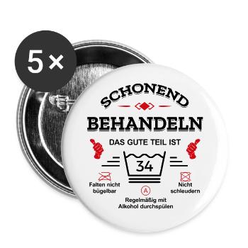 SCHONEND BEHANDELN 34. GEBURTSTAG - Buttons groß 56 mm (5er Pack) - Weiß - Vorne