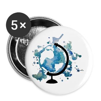 Globus aus Wasserfarben - Die Welt ist bunt - Buttons groß 56 mm (5er Pack) - Weiß - Vorne