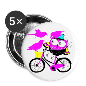 Eule auf Rad und Vögel - Buttons groß 56 mm (5er Pack) - Weiß - Vorne