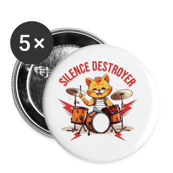 Schlagzeug Drums Silence Destroyer Katze Lustig - Buttons groß 56 mm (5er Pack) - Weiß - Vorne