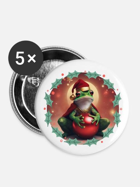Frosch mit Weihnachtskugel 2 - Buttons groß 56 mm (5er Pack) - Weiß