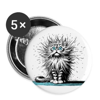 Katze elektrisch, Katze witzig, Katze lustig - Buttons groß 56 mm (5er Pack) - Weiß - Vorne