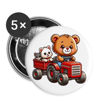 Teddybär und Kätzchen fahren Traktor mit Anhänger - Buttons groß 56 mm (5er Pack) - Weiß - Vorne