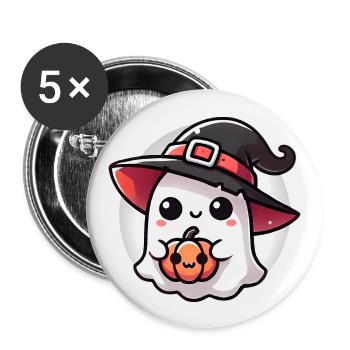 Fantôme d’Halloween mignon avec chapeau de sorcière - Lot de 5 grands badges (56 mm) - blanc - Devant