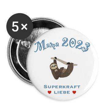 Mama 2023, Superkraft Liebe, Faultier - Buttons groß 56 mm (5er Pack) - Weiß - Vorne