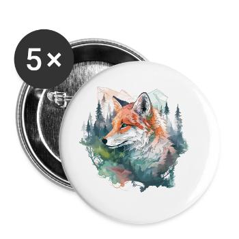 Fox Tête de renard Nature Nature sauvage Forêt Arbres Montagnes - Lot de 5 grands badges (56 mm) - blanc - Devant