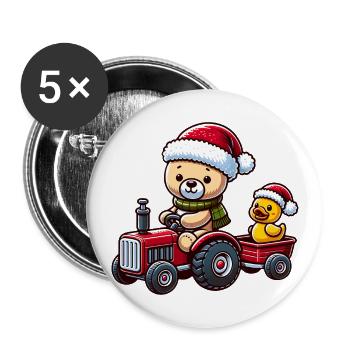 Teddybär fährt Traktor mit kleiner gelber Ente - Buttons groß 56 mm (5er Pack) - Weiß - Vorne