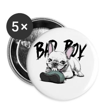 Französische Bulldogge zerkautem Schuh für - Buttons groß 56 mm (5er Pack) - Weiß - Vorne