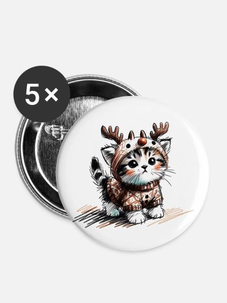 Katze mit Rentiergeweih und Pullover - Buttons groß 56 mm (5er Pack) - Weiß