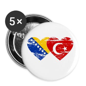 Bosnie Turquie drapeau coeur utilisé - Lot de 5 grands badges (56 mm) - blanc - Devant