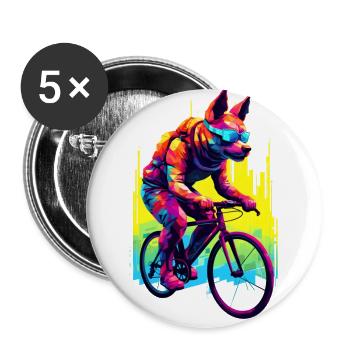 Chien à vélo / vélo de route, par NeonCat - Lot de 5 grands badges (56 mm) - blanc - Devant