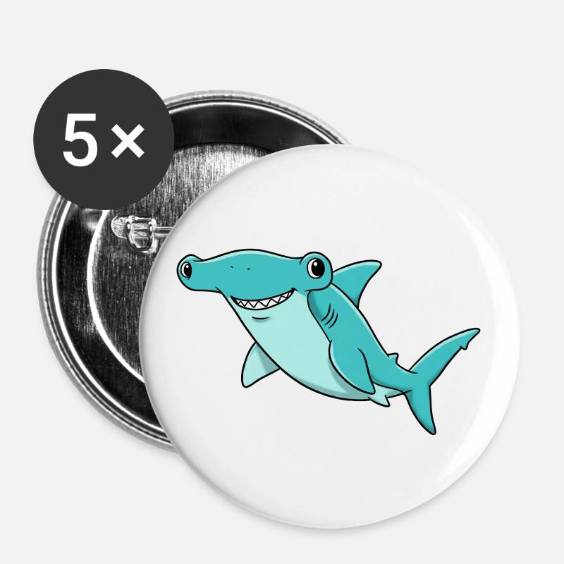 Animal Dessin Animé Requin Marteau - Lot de 5 grands badges (56 mm) - blanc