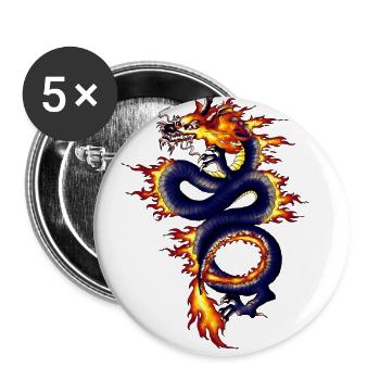 Chinesischer Drache Blau mit Feuer - Buttons groß 56 mm (5er Pack) - Weiß - Vorne