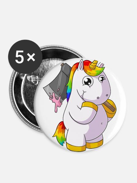 Comic Einhorn mit Axt - Buttons groß 56 mm (5er Pack) - Weiß