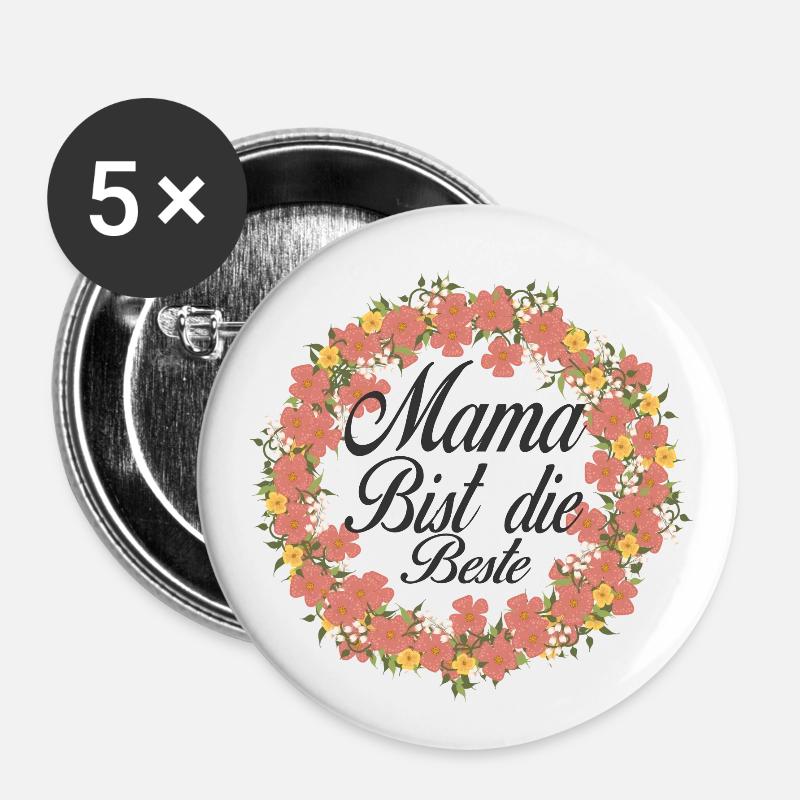Mama Bist Die Beste Blumenkranz - Buttons groß 56 mm (5er Pack) - Weiß