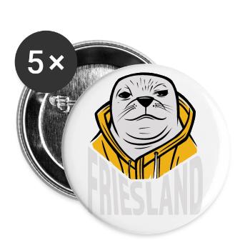 Friesland, Freche Robbe mit Friesennerz - Buttons groß 56 mm (5er Pack) - Weiß - Vorne
