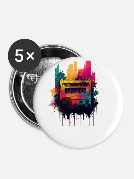 Retro Mixtape - Buttons groß 56 mm (5er Pack) - Weiß