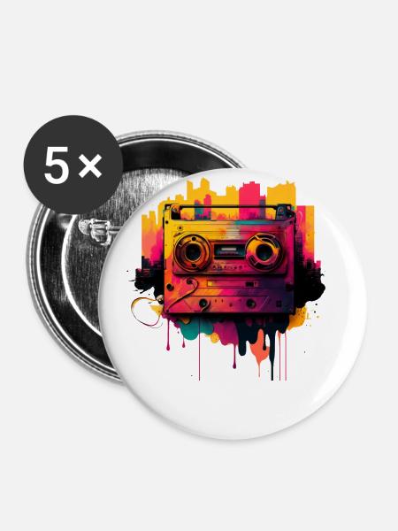 Retro Mixtape - Buttons groß 56 mm (5er Pack) - Weiß