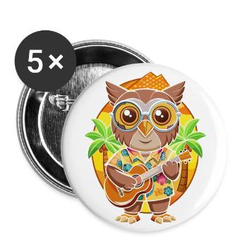 Lustige Eule Cartoon Sommer Strand Sonnenbrille Gitarre - Buttons groß 56 mm (5er Pack) - Weiß - Vorne