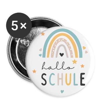 Schulkind 2024 Regenbogen - hallo Schule - Buttons groß 56 mm (5er Pack) - Weiß - Vorne