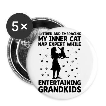 Amoureux des chats Grand-mère retraitée Retraité Propriétaire de chat Chat - Lot de 5 grands badges (56 mm) - blanc - Devant