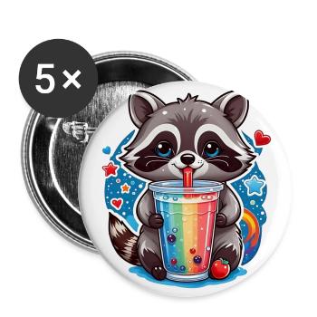 kleiner süßer Waschbär mit Limonade und Strohhalm - Buttons groß 56 mm (5er Pack) - Weiß - Vorne