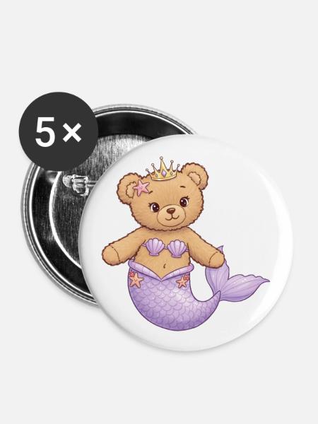 Teddybär Meerjungfrau - Buttons groß 56 mm (5er Pack) - Weiß