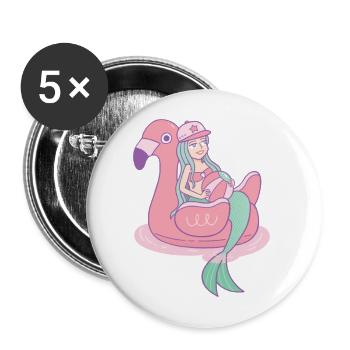 Meerjungfrau Mädchen auf Flamingo Pool Float - Buttons groß 56 mm (5er Pack) - Weiß - Vorne
