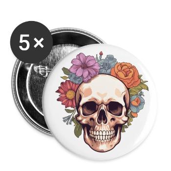 Human Skull & Flowers 4 - Buttons large 2.2''/56 mm (5-pack) - white - Front