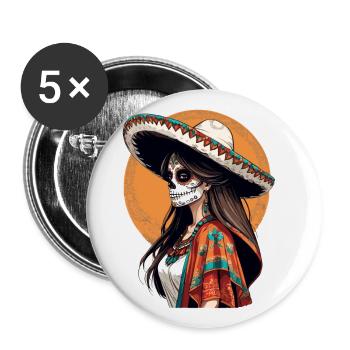 Iconic Sugar Skull Mexican Girl - Buttons large 2.2''/56 mm (5-pack) - white - Front