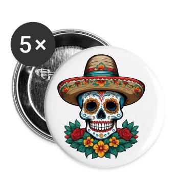 Iconique Sugar Skull Mexico Skull Streetwear - Lot de 5 grands badges (56 mm) - blanc - Devant