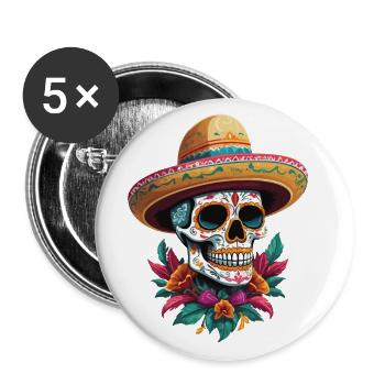 Iconique Sugar Skull Mexico Streetwear - Lot de 5 grands badges (56 mm) - blanc - Devant