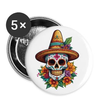 Iconique Sugar Skull Mexico Skull Streetwear - Lot de 5 grands badges (56 mm) - blanc - Devant