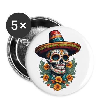 Ikonischer Zuckerschädel Mexiko Streetwear - Buttons groß 56 mm (5er Pack) - Weiß - Vorne
