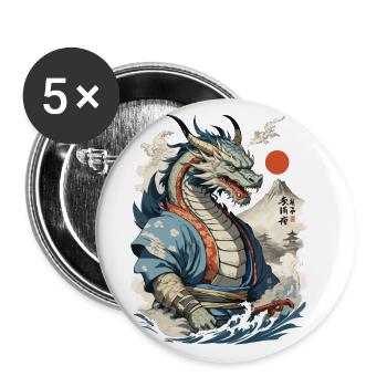 Samurai Ukiyo-E Kunst Japanische Drachen - Buttons groß 56 mm (5er Pack) - Weiß - Vorne