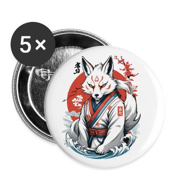 Kitsune Samurai Fuchs Vintage Ukiyo-e Stil - Buttons groß 56 mm (5er Pack) - Weiß - Vorne