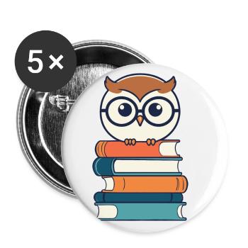 Bücher Eule Eulen Liebhaber Leseratte Illustration - Buttons groß 56 mm (5er Pack) - Weiß - Vorne