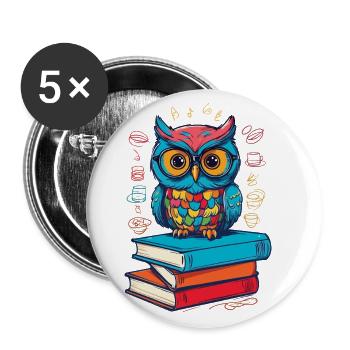 Bücher Eule Süße Buch Illustration Lesender Kauz - Buttons groß 56 mm (5er Pack) - Weiß - Vorne