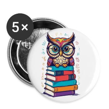 Bücher Eule Begeisterte Leseratte Niedlicher - Buttons groß 56 mm (5er Pack) - Weiß - Vorne