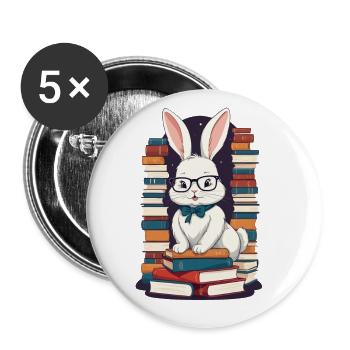 Lesender Hase Begeisterter Buchliebhaber - Buttons groß 56 mm (5er Pack) - Weiß - Vorne