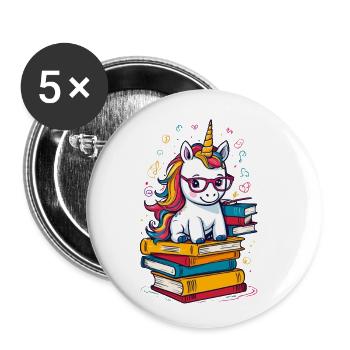 Unicorn Fantasy Stories Cute Bookworm - Buttons large 2.2''/56 mm (5-pack) - white - Front