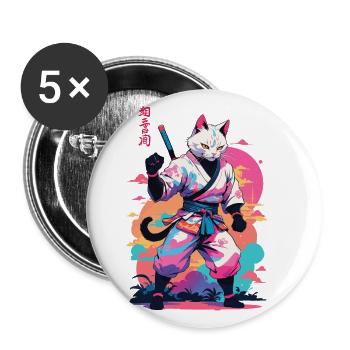 Samurai Katze Vaporwave Aesthetic Japan Kunst - Buttons groß 56 mm (5er Pack) - Weiß - Vorne