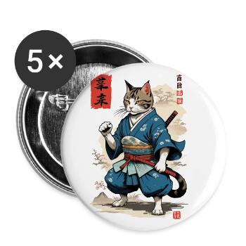 Chat Samouraï Vintage Ukiyo-E Esthétique Style Japon - Lot de 5 grands badges (56 mm) - blanc - Devant